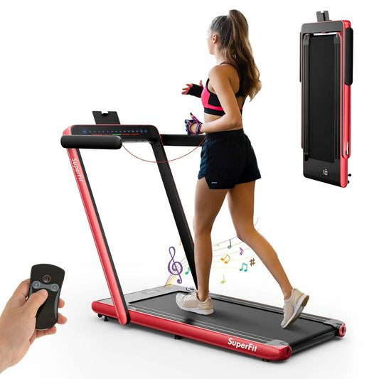 Superfit up to 7.5MPH 2.25HP 2 in 1 Dual Display Screen Folding Treadmill Jogging Machine W/APP Control Red