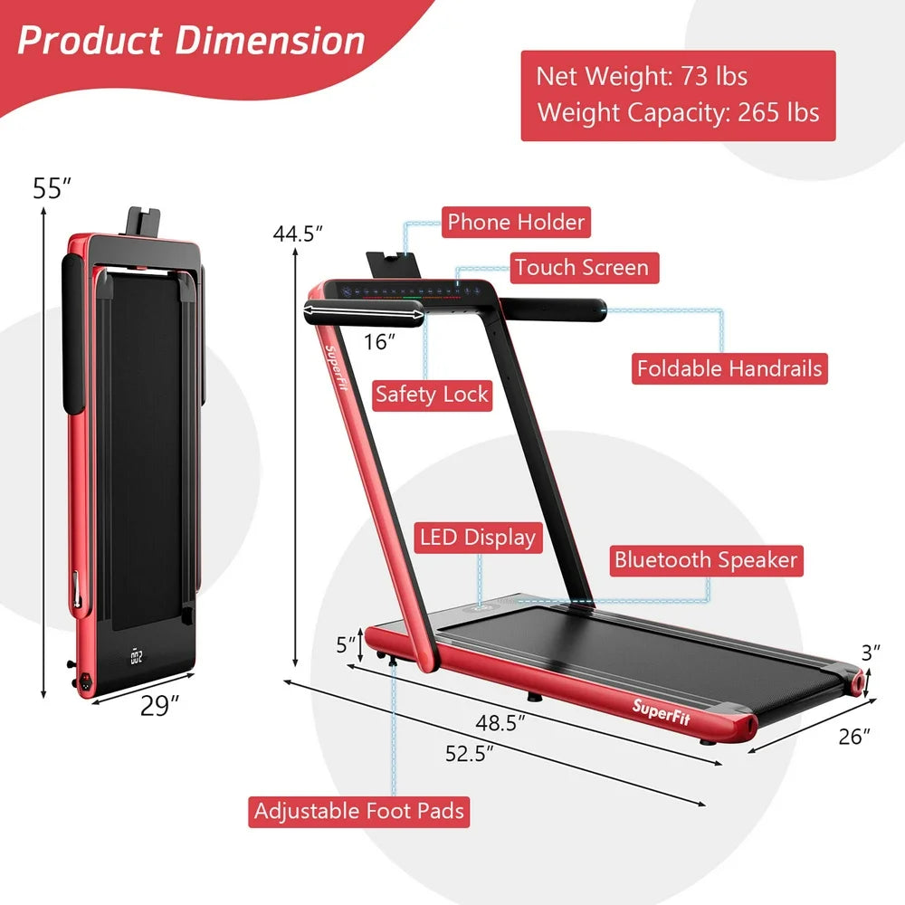 Superfit up to 7.5MPH 2.25HP 2 in 1 Dual Display Screen Folding Treadmill Jogging Machine W/APP Control Red