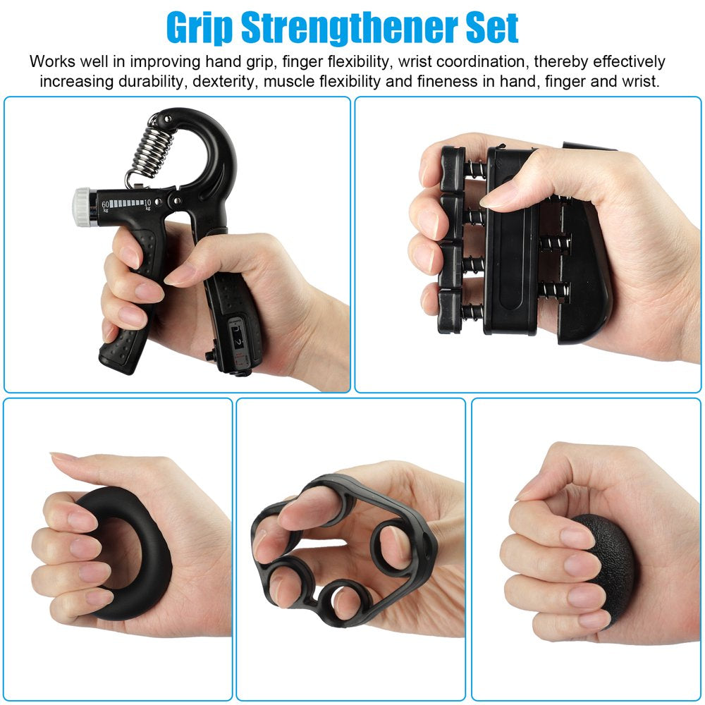 5Pcs Hand Grip Strengthener Forearm Workout Kit,  Grip Strength Trainer, Adjustable Resistance 22 to 132Lbs Hand Gripper, Finger Exerciser, Finger Stretcher, Grip Loop, Stress Relief Grip Ball